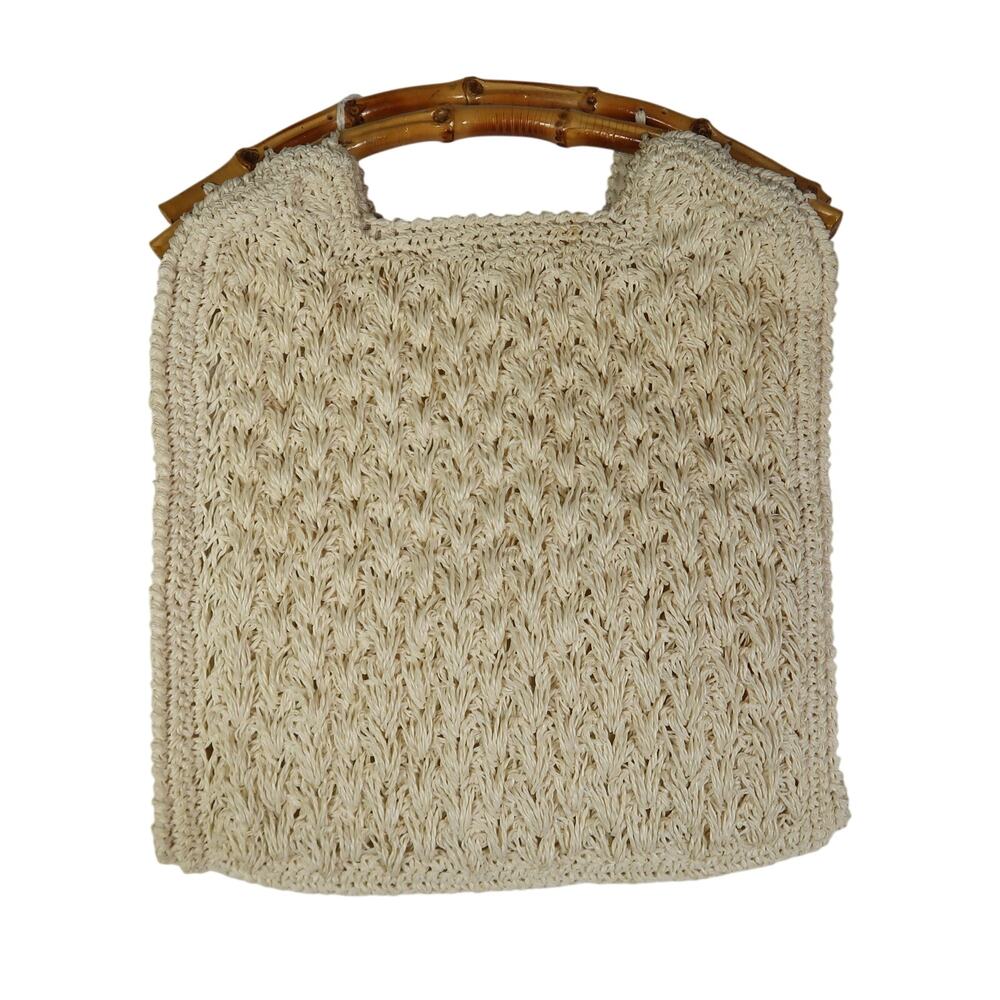 Vintage 70s Cream Macrame Woven Handbag Purse Bamboo Handle